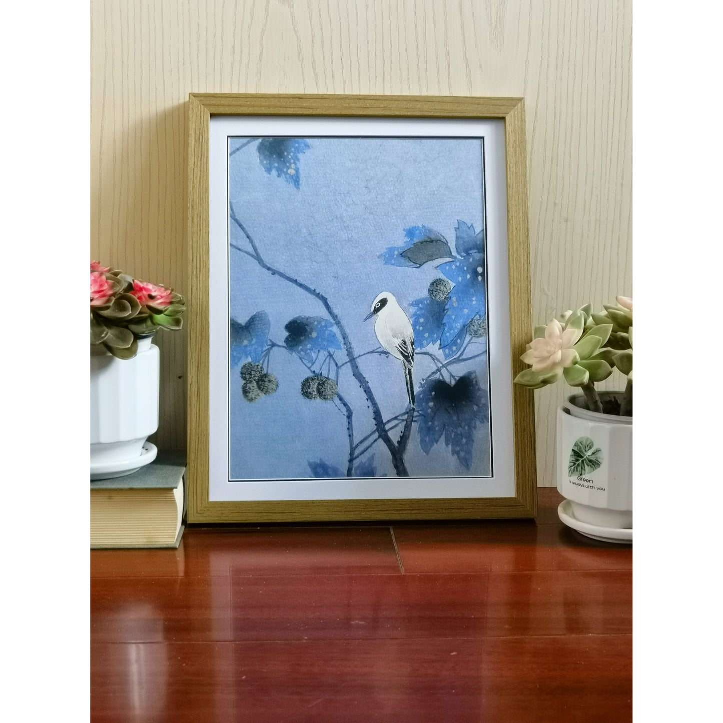 Hand-painted Nightingale on Paulownia Tree Branch Artwork – Watercolor Technique, Premium MATT Paper, Natural Wood Frame, Multiple Sizes & Colors