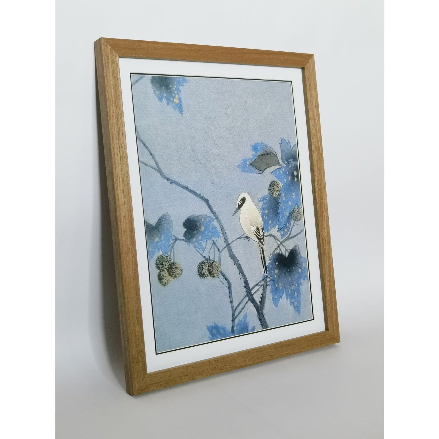 Hand-painted Nightingale on Paulownia Tree Branch Artwork – Watercolor Technique, Premium MATT Paper, Natural Wood Frame, Multiple Sizes & Colors