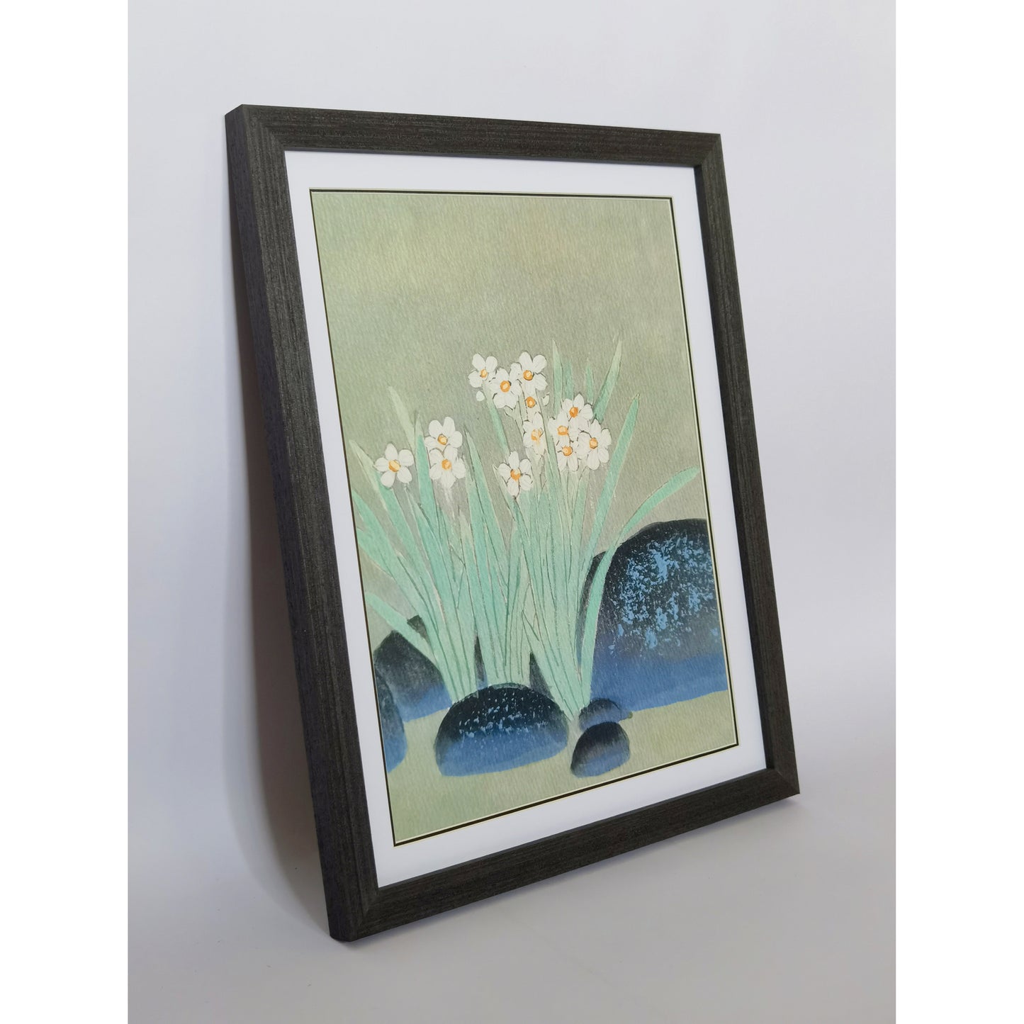 Hand-painted Narcissus Flowers Blooming in Pond Artwork – Watercolor Technique, Premium MATT Paper, Natural Wood Frame, Multiple Sizes & Colors
