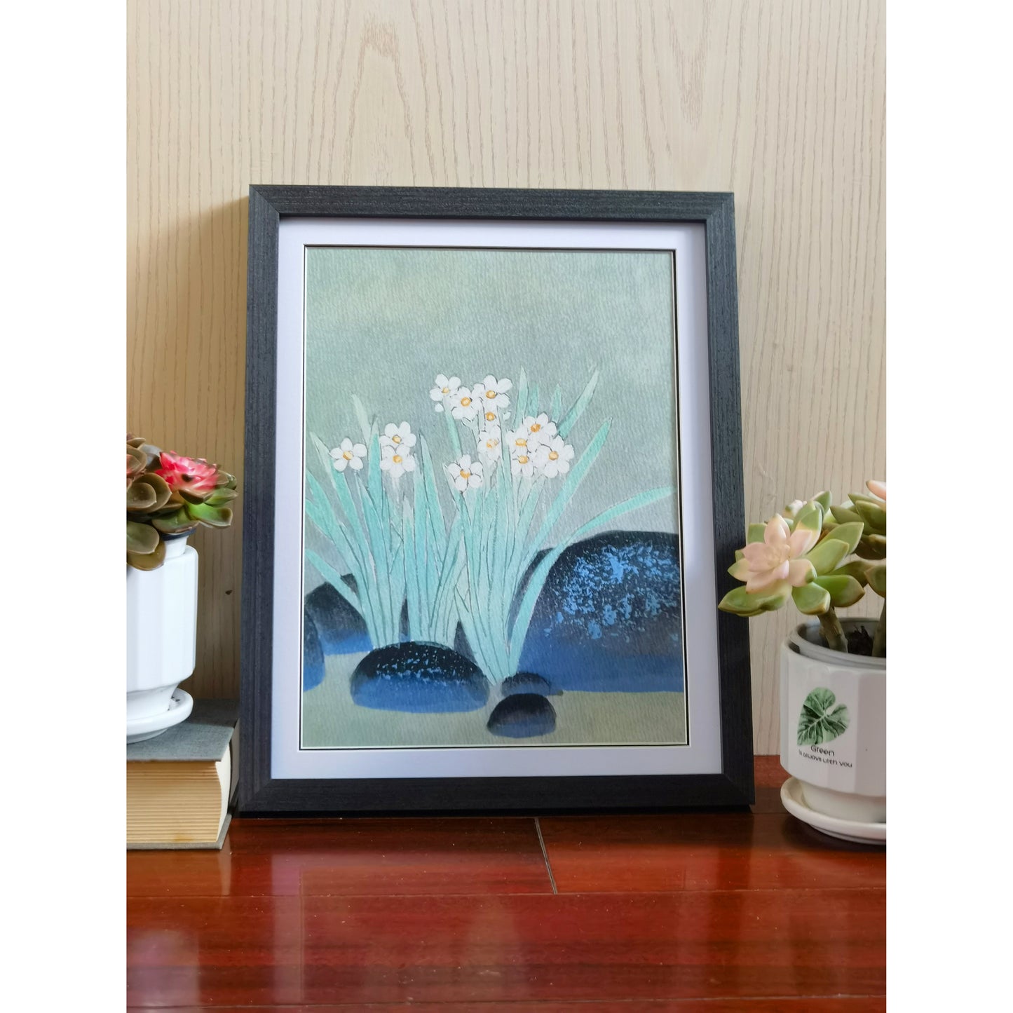 Hand-painted Narcissus Flowers Blooming in Pond Artwork – Watercolor Technique, Premium MATT Paper, Natural Wood Frame, Multiple Sizes & Colors