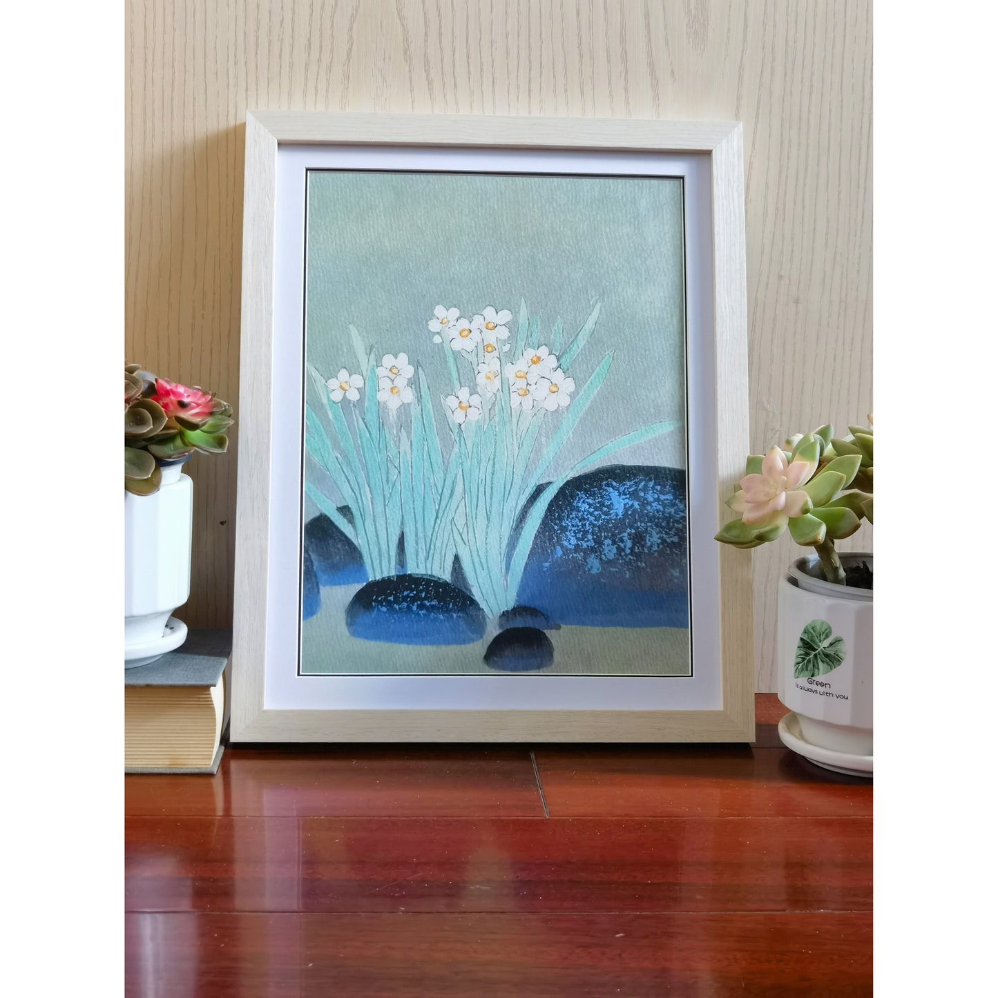 Hand-painted Narcissus Flowers Blooming in Pond Artwork – Watercolor Technique, Premium MATT Paper, Natural Wood Frame, Multiple Sizes & Colors