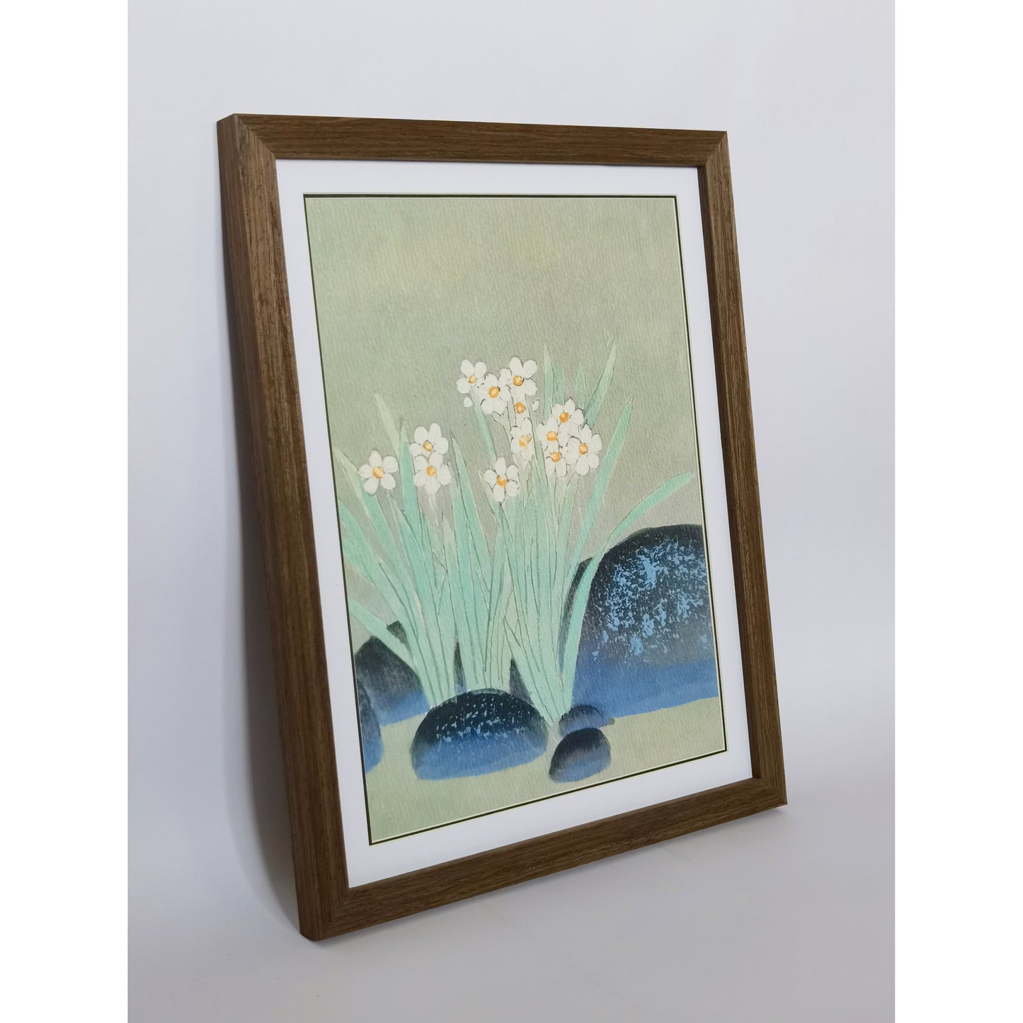 Hand-painted Narcissus Flowers Blooming in Pond Artwork – Watercolor Technique, Premium MATT Paper, Natural Wood Frame, Multiple Sizes & Colors