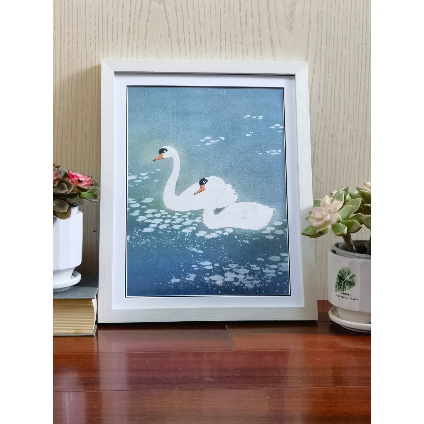 Hand-painted Pair of Swans on Blue Pond Artwork – Watercolor Technique, Premium MATT Paper, Natural Wood Frame, Multiple Sizes & Colors