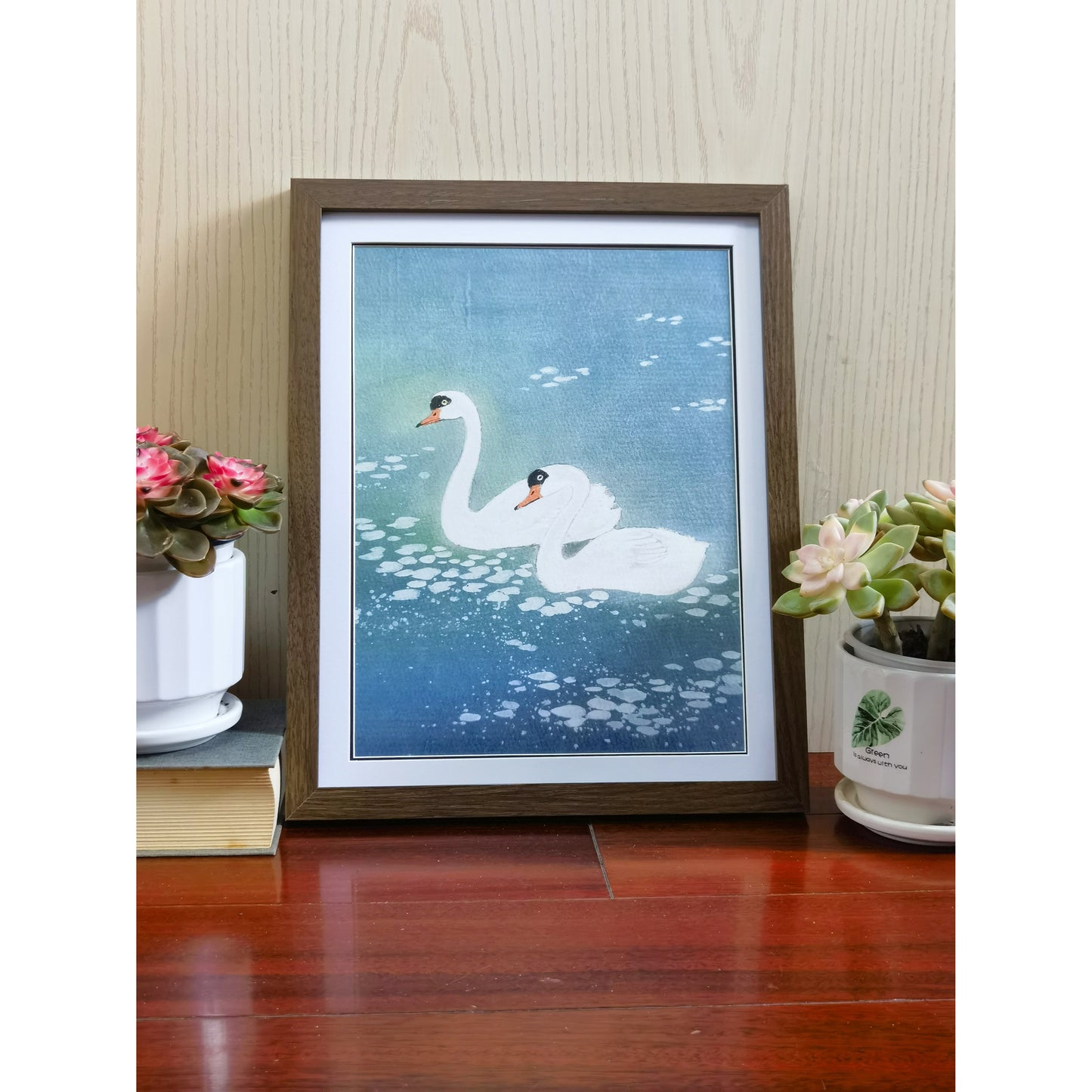 Hand-painted Pair of Swans on Blue Pond Artwork – Watercolor Technique, Premium MATT Paper, Natural Wood Frame, Multiple Sizes & Colors
