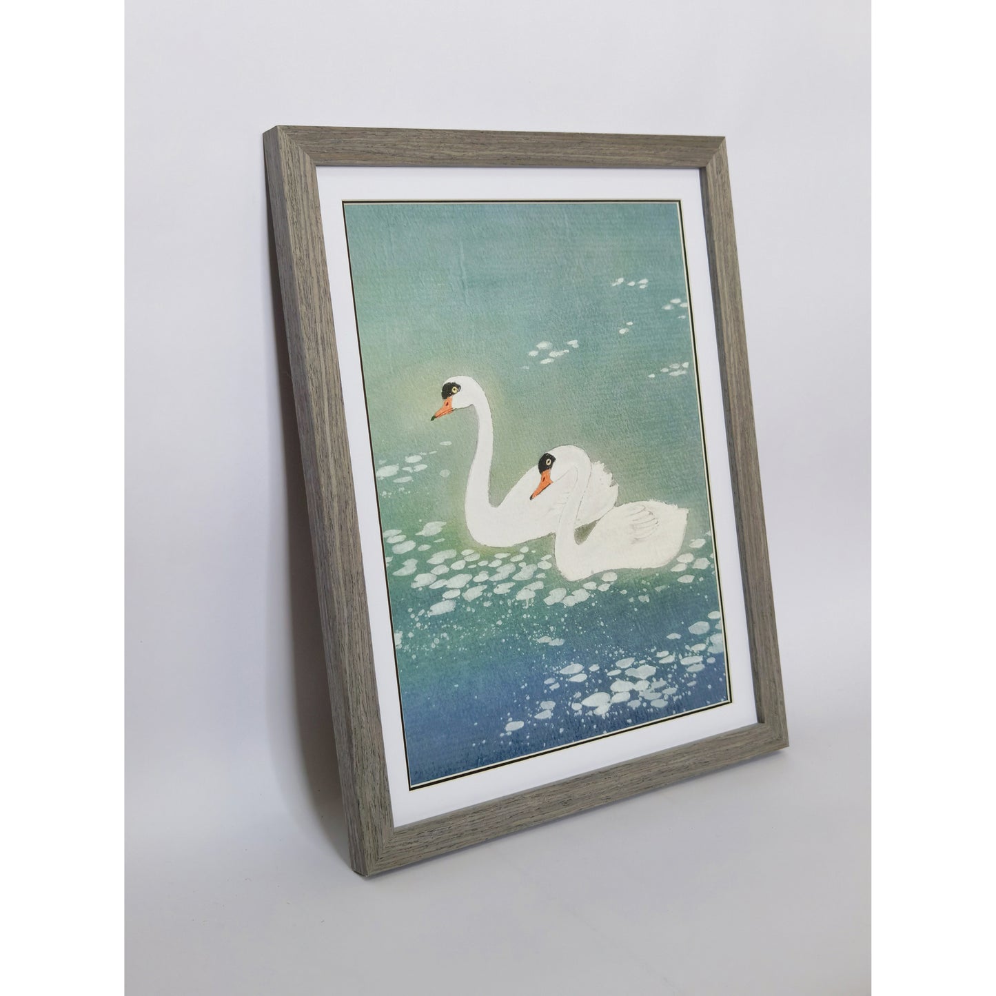 Hand-painted Pair of Swans on Blue Pond Artwork – Watercolor Technique, Premium MATT Paper, Natural Wood Frame, Multiple Sizes & Colors