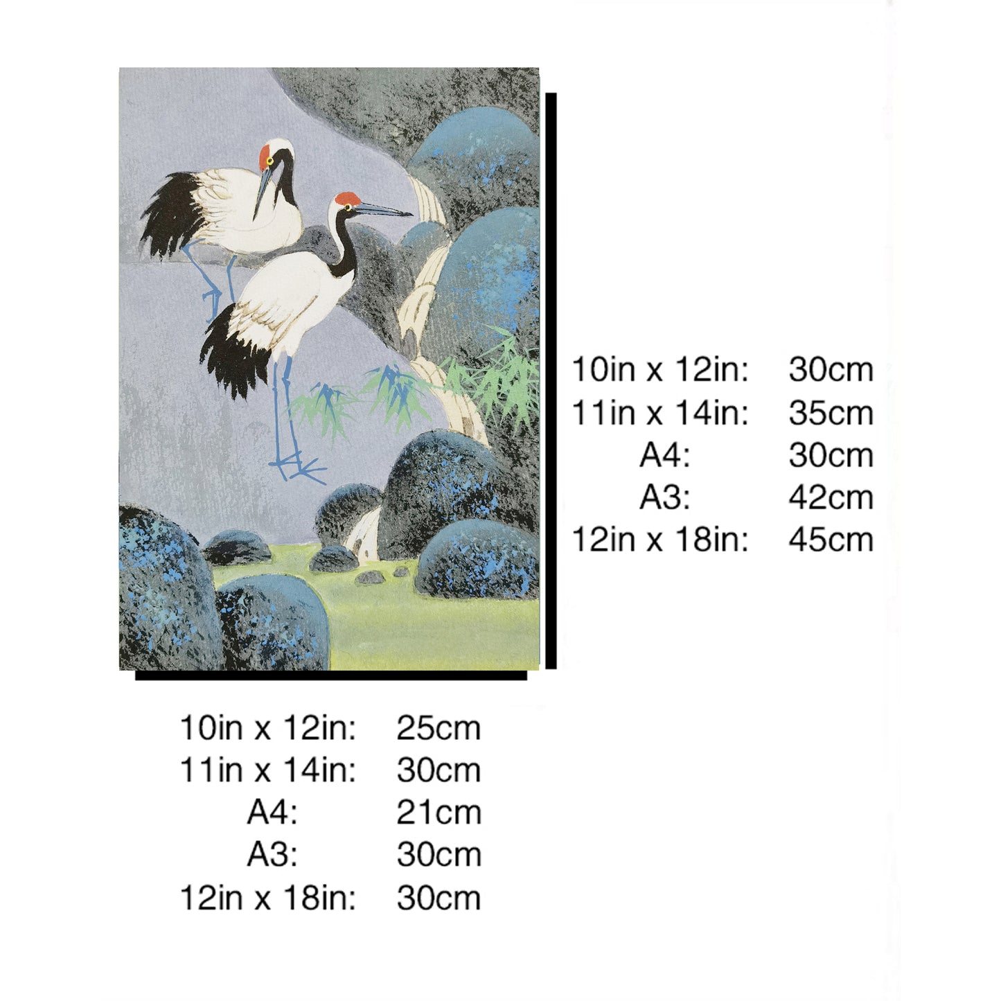 Hand-painted Cranes by Waterfall Artwork – Watercolor Technique, Premium MATT Paper, Natural Wood Frame, Multiple Sizes & Colors