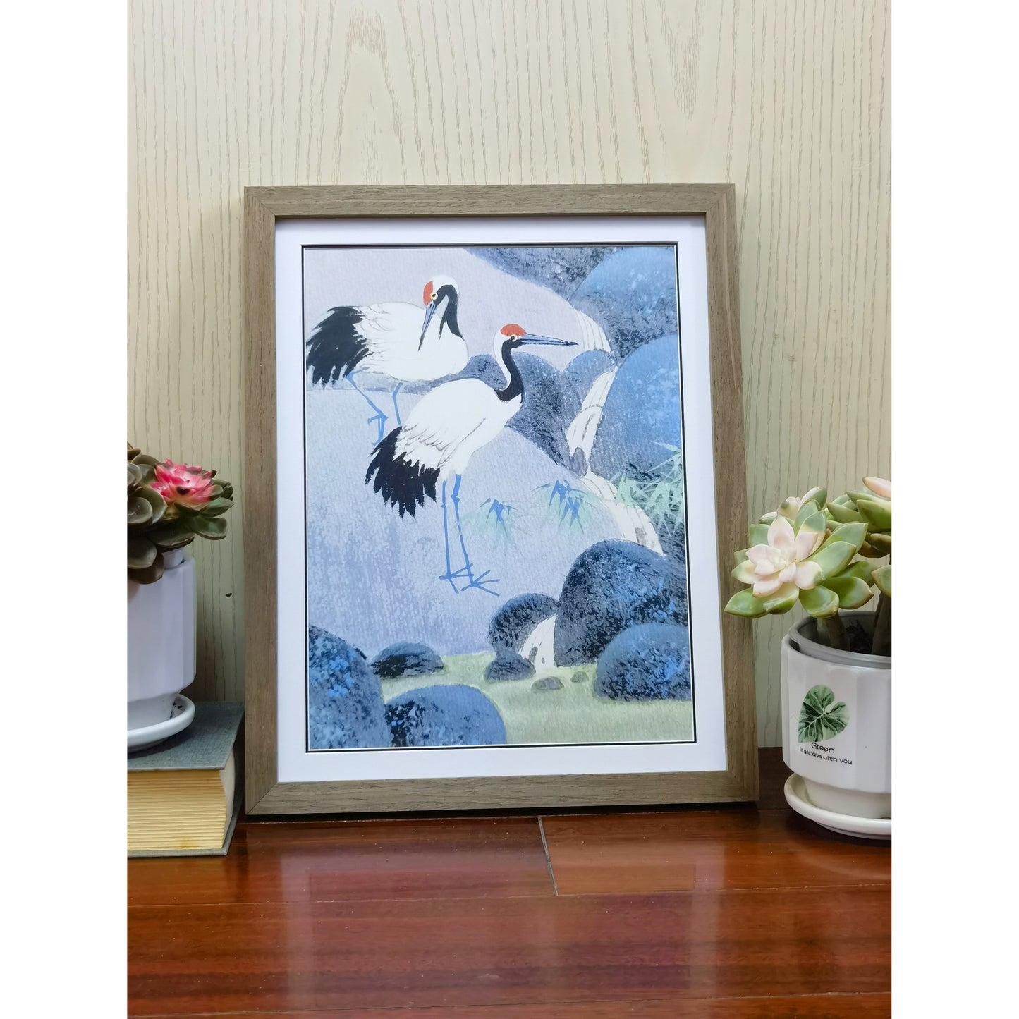 Hand-painted Cranes by Waterfall Artwork – Watercolor Technique, Premium MATT Paper, Natural Wood Frame, Multiple Sizes & Colors