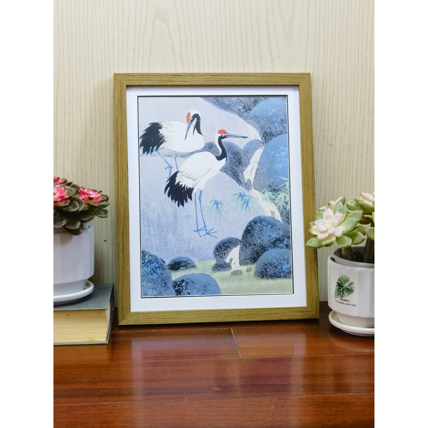 Hand-painted Cranes by Waterfall Artwork – Watercolor Technique, Premium MATT Paper, Natural Wood Frame, Multiple Sizes & Colors
