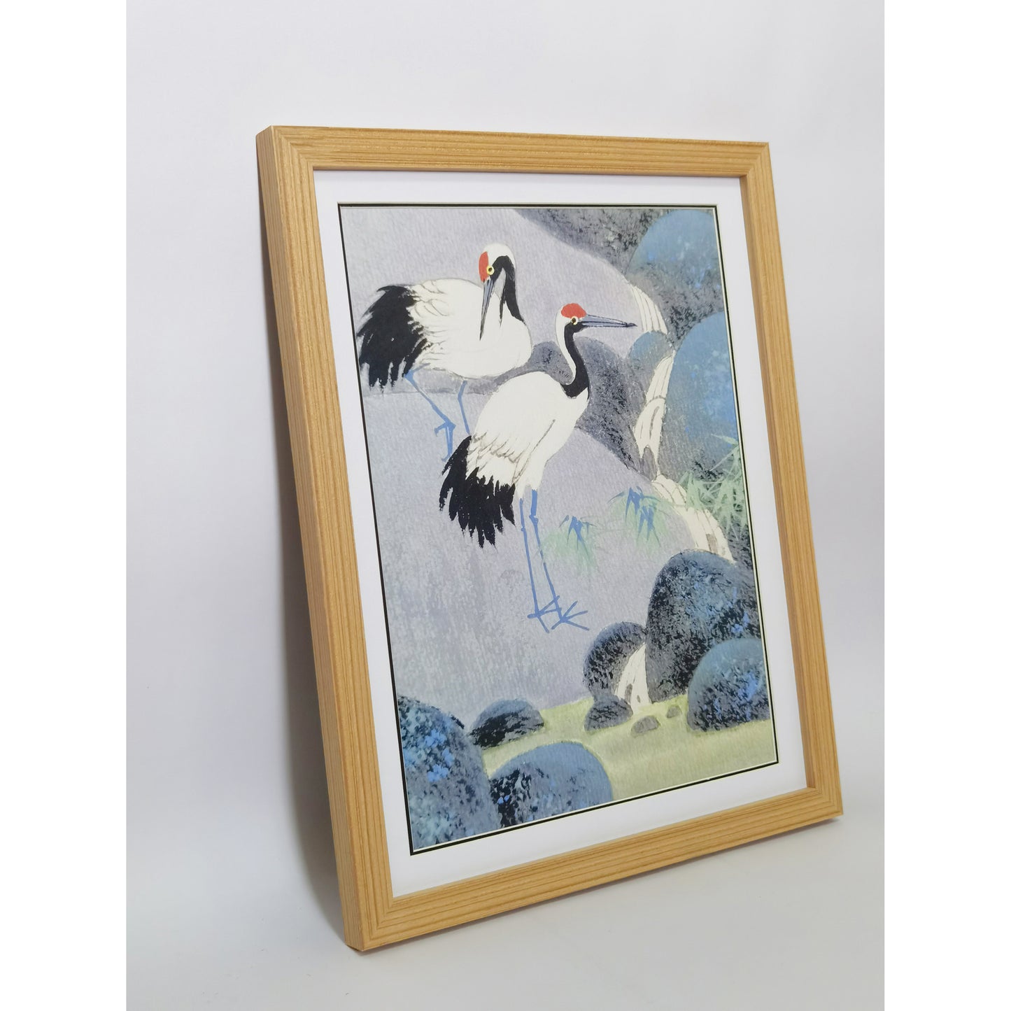 Hand-painted Cranes by Waterfall Artwork – Watercolor Technique, Premium MATT Paper, Natural Wood Frame, Multiple Sizes & Colors