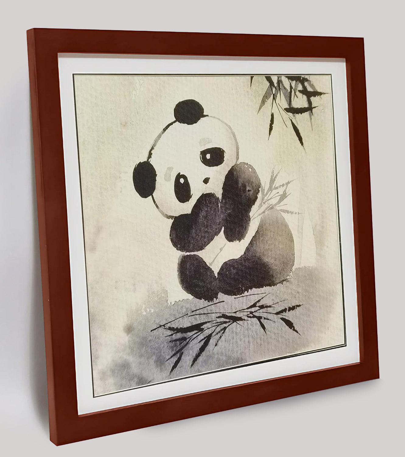 Hand-painted Watercolor Panda Playing in Bamboo Forest Art Print – Premium MATT Paper, Natural Wood Frame, Multiple Sizes & Colors