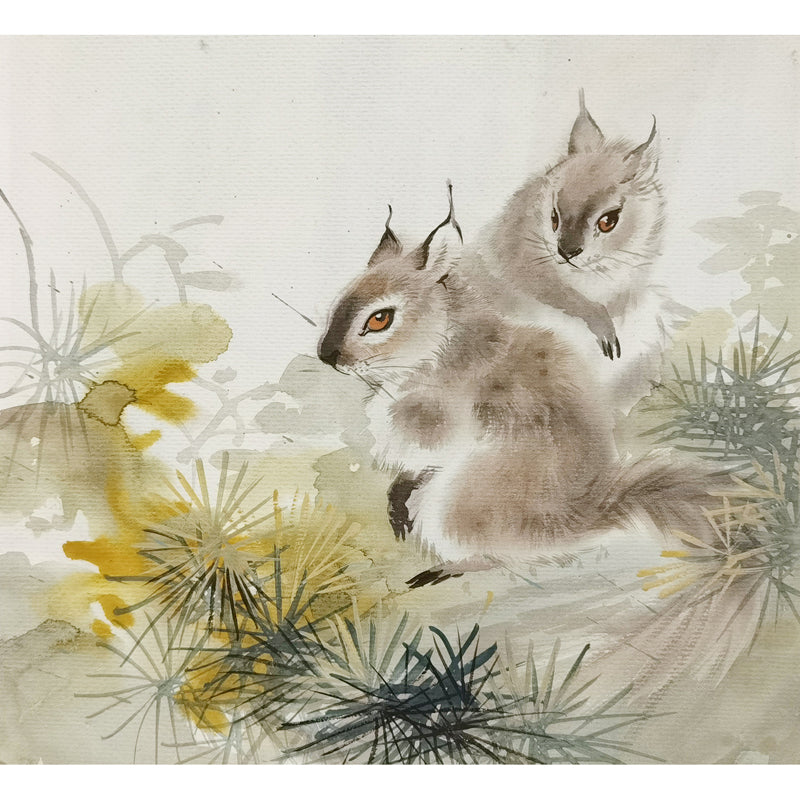 Hand-painted Squirrel Pair in Pine Forest Artwork – Fine Brush Technique, Premium MATT Paper, Natural Wood Frame, Multiple Sizes & Colors
