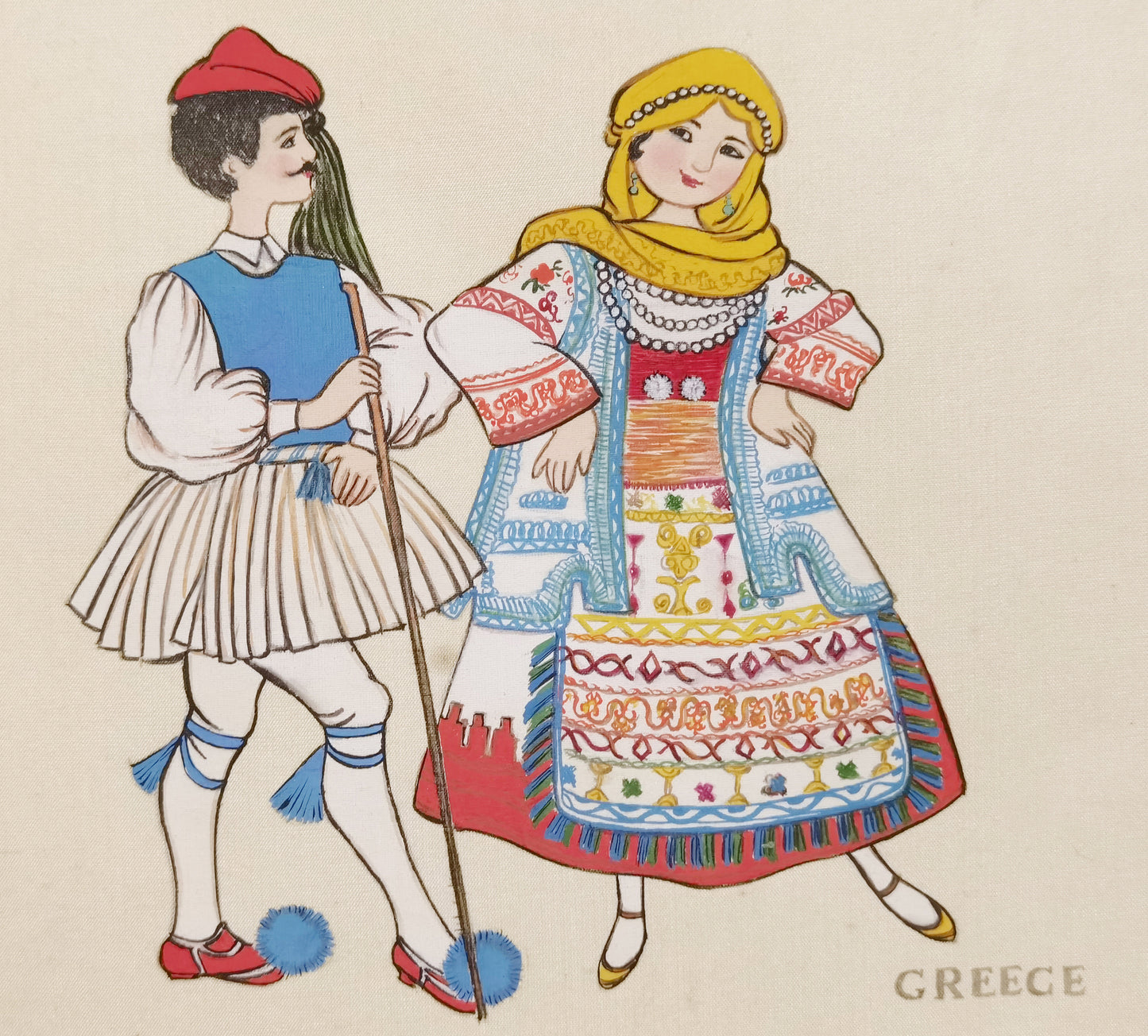 Greece Folk Costume Handmade Art Printing with Wood Frame