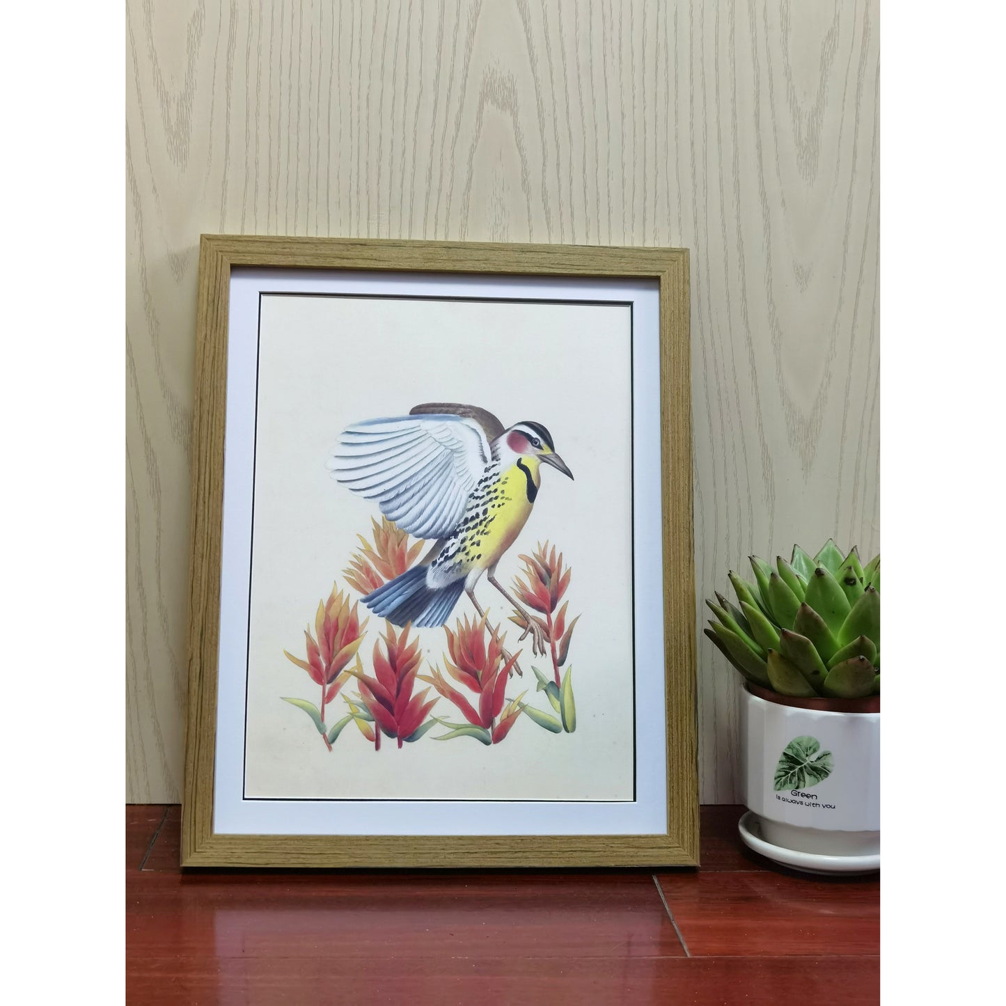 Wyoming Western Meadowlark Hand-painted Art Print - Premium MATT Paper, Natural Wood Frame, Wall & Tabletop Décor, Multiple Sizes & Colors