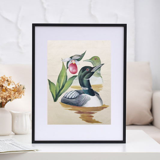 Common Loon State Bird Handmade Art Printing Minnesota Pink and White Lady's Slipper Flower with Wood Frame