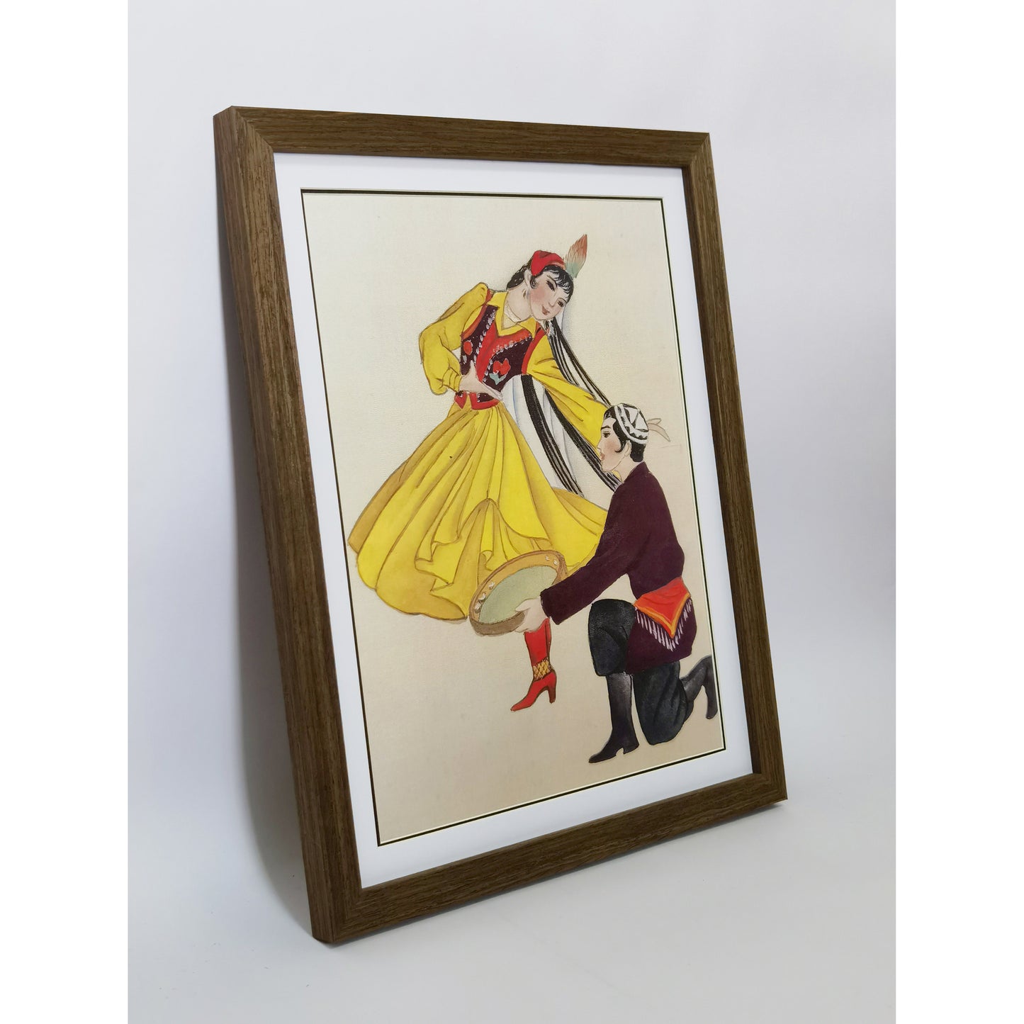 Hand-painted Uyghur Dancers Artwork – Fine Brush Technique, Premium MATT Paper, Natural Wood Frame, Multiple Sizes & Colors
