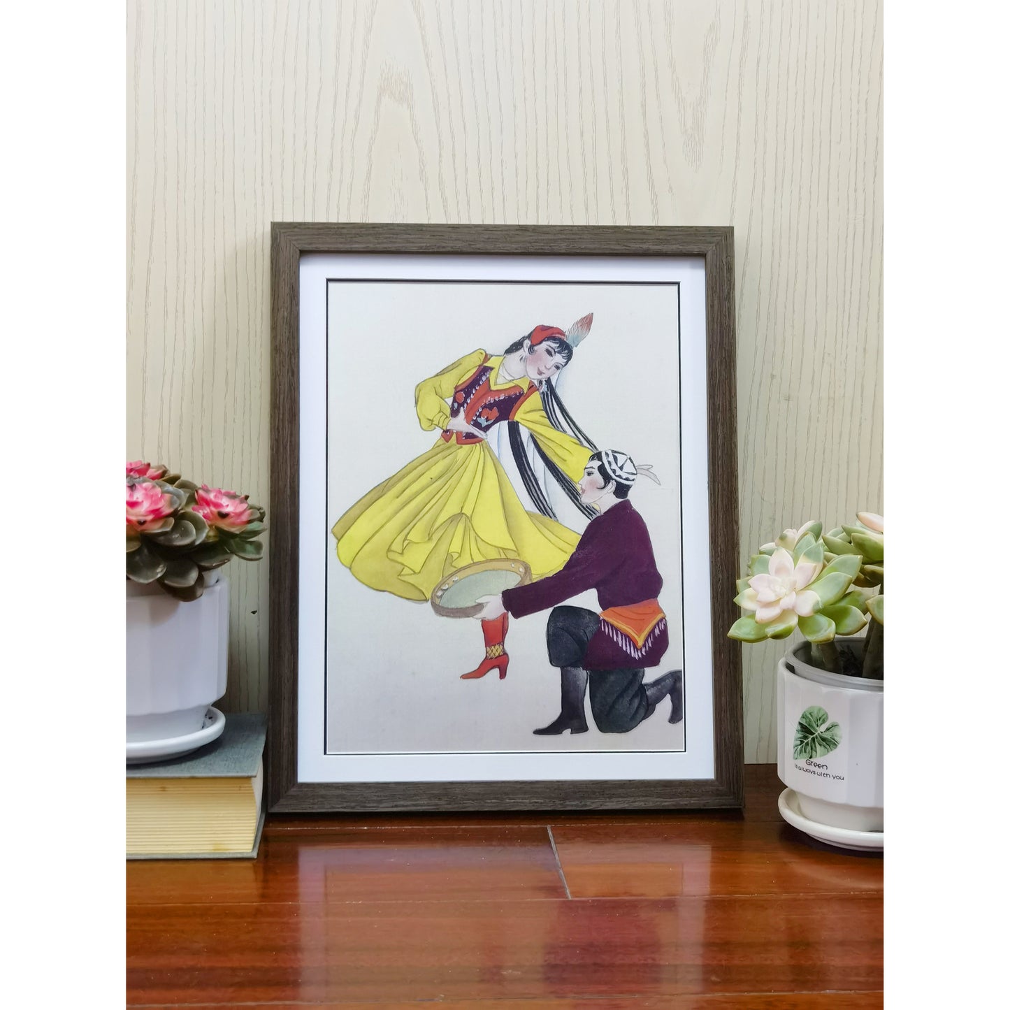 Hand-painted Uyghur Dancers Artwork – Fine Brush Technique, Premium MATT Paper, Natural Wood Frame, Multiple Sizes & Colors