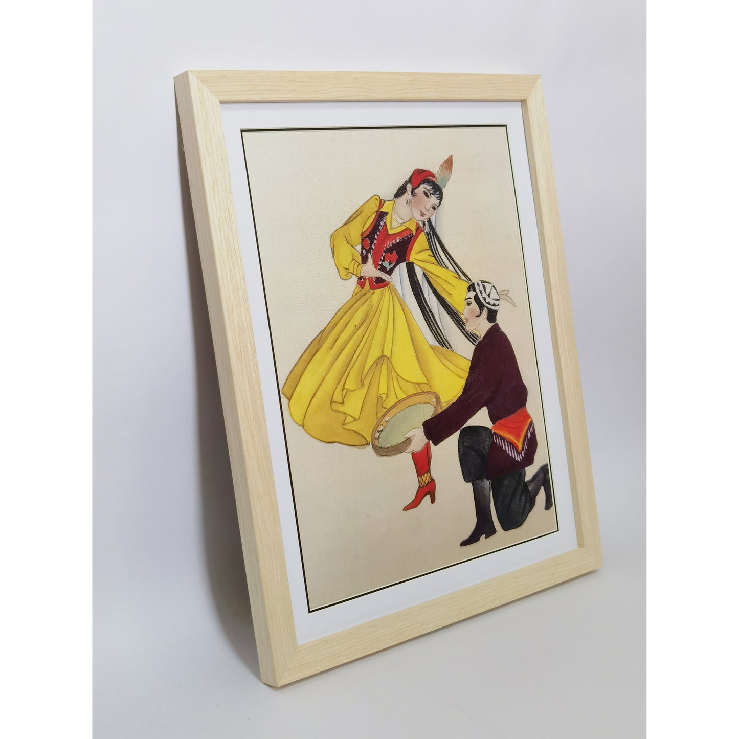 Hand-painted Uyghur Dancers Artwork – Fine Brush Technique, Premium MATT Paper, Natural Wood Frame, Multiple Sizes & Colors