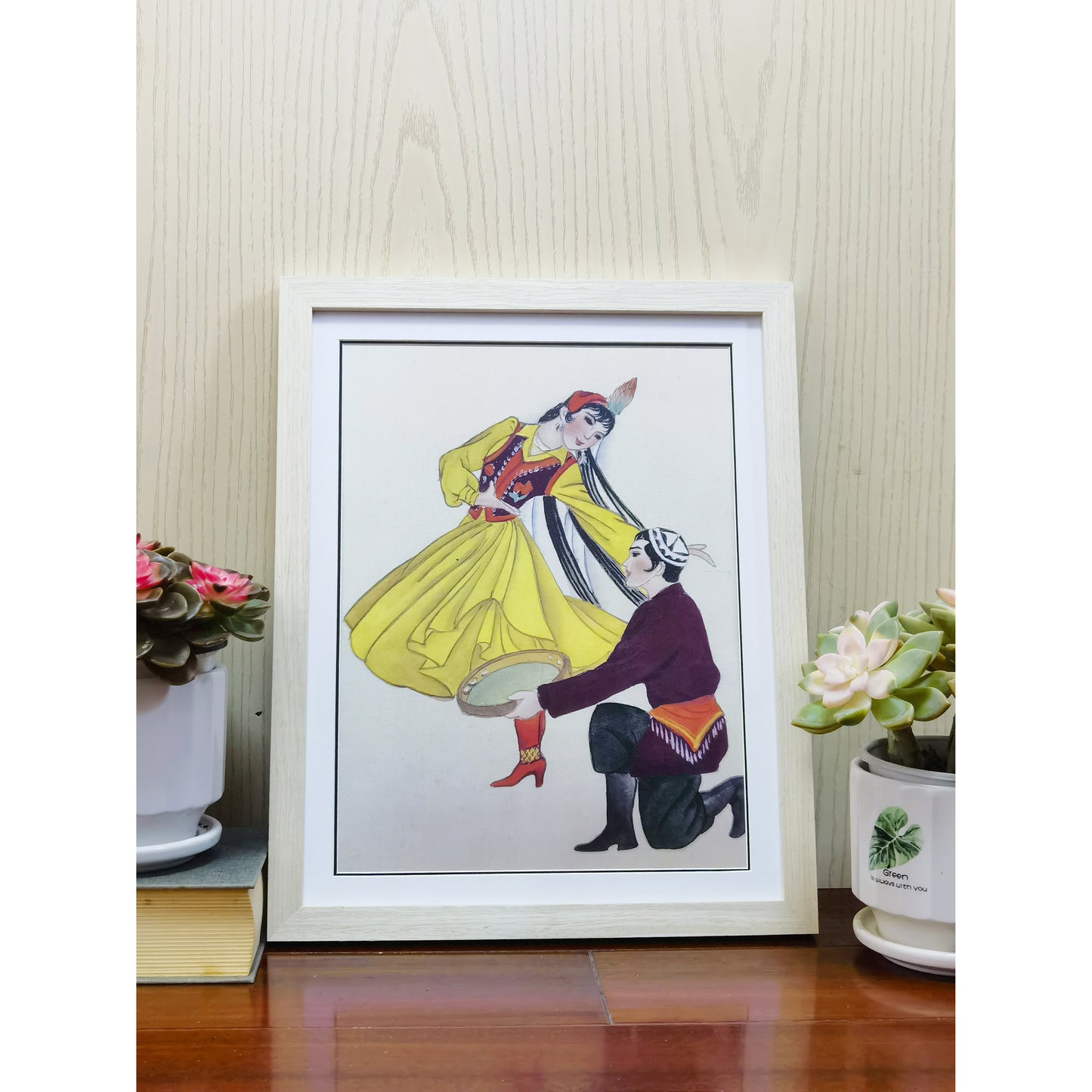 Hand-painted Uyghur Dancers Artwork – Fine Brush Technique, Premium MATT Paper, Natural Wood Frame, Multiple Sizes & Colors