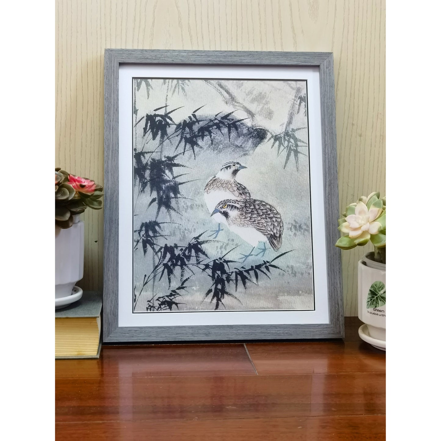 Hand-painted Quails in Bamboo Forest Artwork – Watercolor Technique, Premium MATT Paper, Natural Wood Frame, Multiple Sizes & Colors