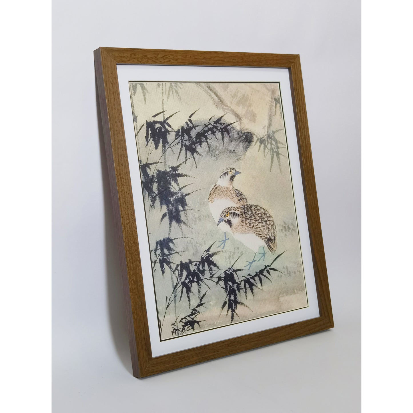 Hand-painted Quails in Bamboo Forest Artwork – Watercolor Technique, Premium MATT Paper, Natural Wood Frame, Multiple Sizes & Colors