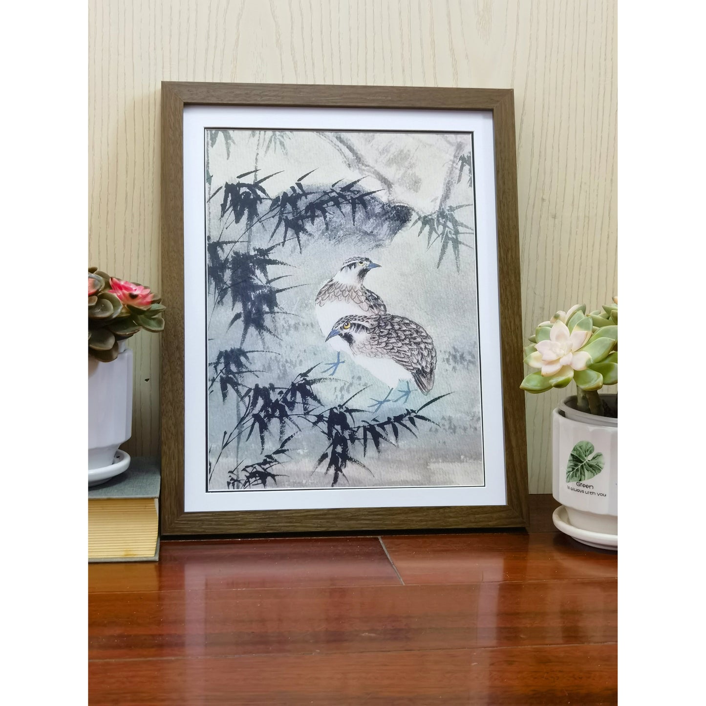 Hand-painted Quails in Bamboo Forest Artwork – Watercolor Technique, Premium MATT Paper, Natural Wood Frame, Multiple Sizes & Colors