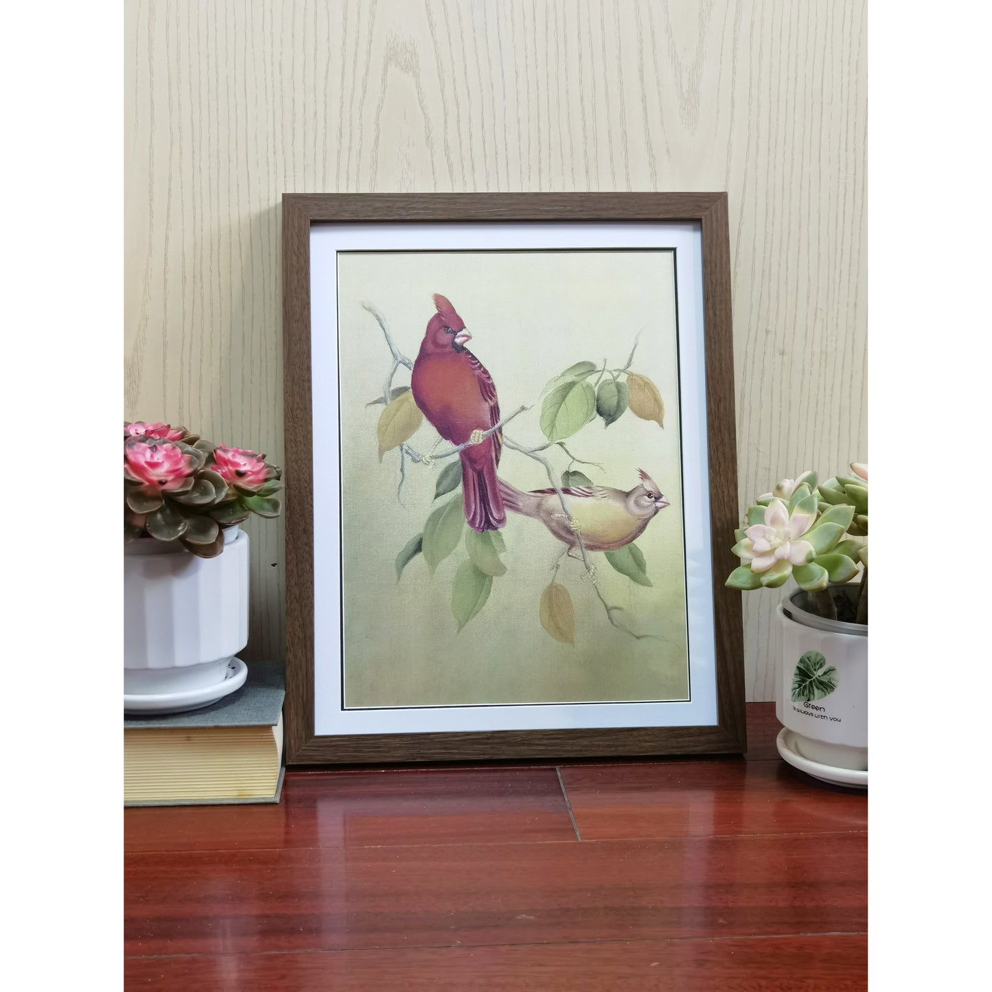 Pair of North American Cardinals Hand-painted Art Print - Premium MATT Paper, Natural Wood Frame, Wall & Tabletop Décor, Multiple Sizes & Colors