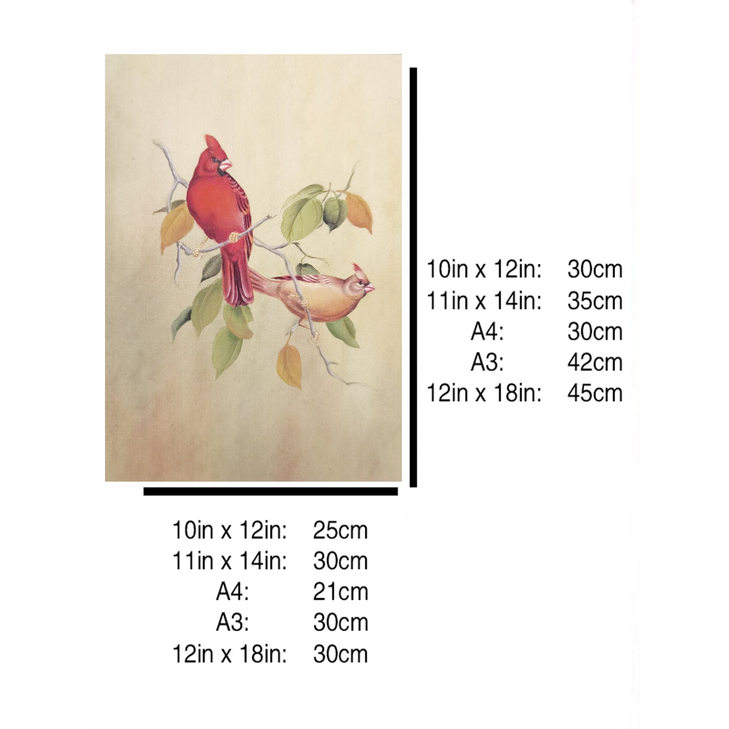 Pair of North American Cardinals Hand-painted Art Print - Premium MATT Paper, Natural Wood Frame, Wall & Tabletop Décor, Multiple Sizes & Colors