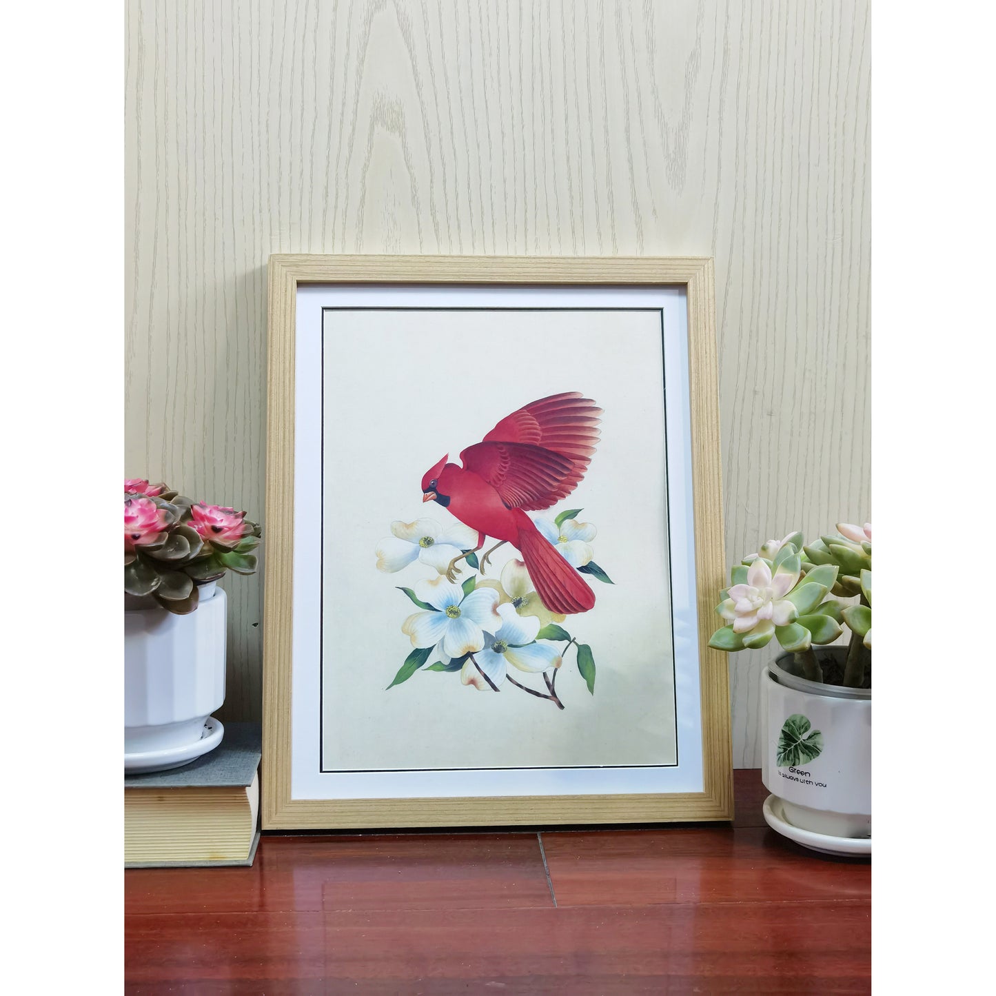 North Carolina Northern Cardinal Hand-painted Art Print - MATT Paper, Natural Wood Frame, Wall & Tabletop Décor, Perfect for Modern Homes & Offices
