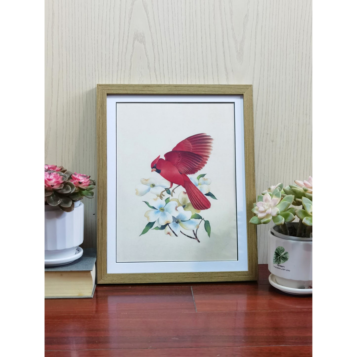 North Carolina Northern Cardinal Hand-painted Art Print - MATT Paper, Natural Wood Frame, Wall & Tabletop Décor, Perfect for Modern Homes & Offices