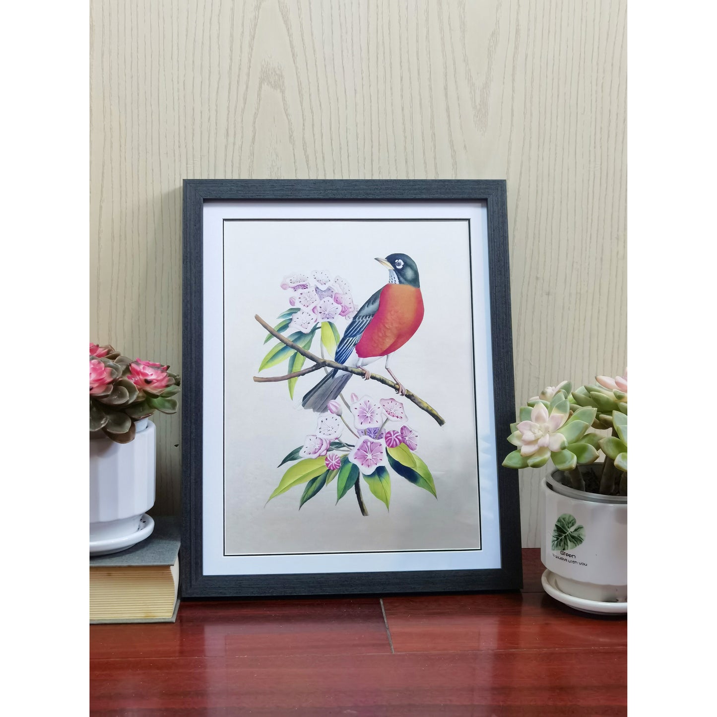 Connecticut American Robin Hand-painted Art Print - Premium MATT Paper, Natural Wood Frame, Multiple Sizes & Colors, Wall & Tabletop Décor