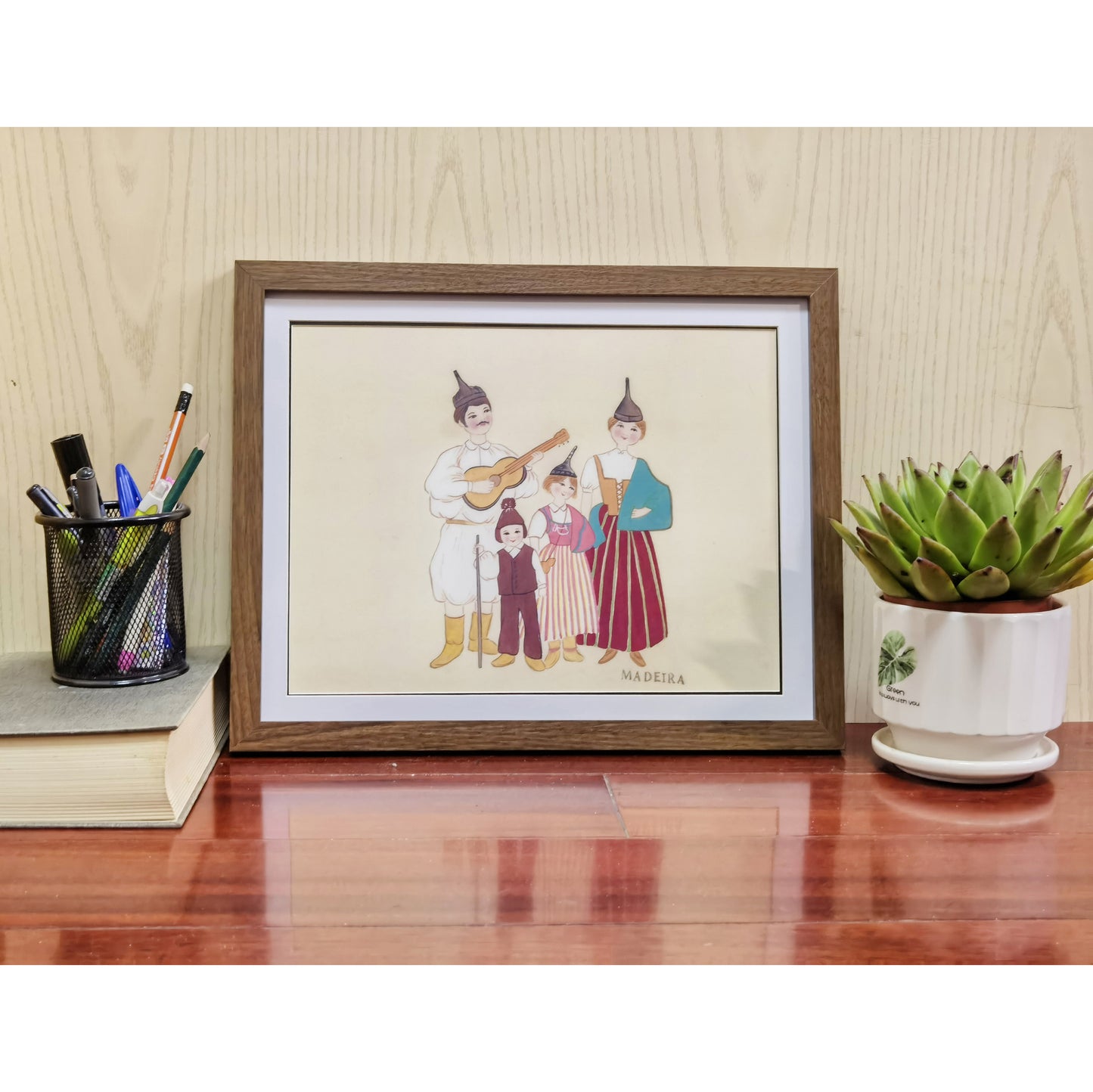 Madeira Indigenous Family Life & Traditional Costume Hand-painted Art Print - Premium MATT Paper, Natural Wood Frame, Multiple Sizes & Colors