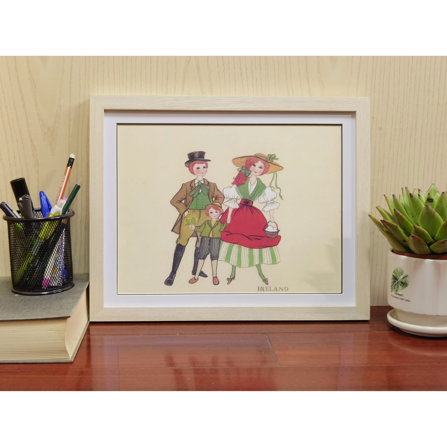 Hand-painted Ireland Traditional Family & Costume Art Print – Premium MATT Paper, Natural Wood Frame, Multiple Sizes & Colors
