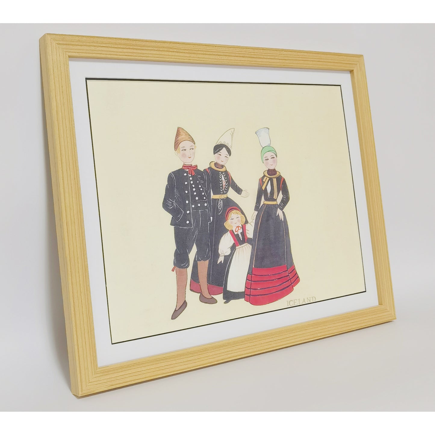 Hand-painted Icelandic Folk Art Print – Traditional Costumes, Natural Wood Frame, Premium MATT Paper, Multiple Sizes & Colors