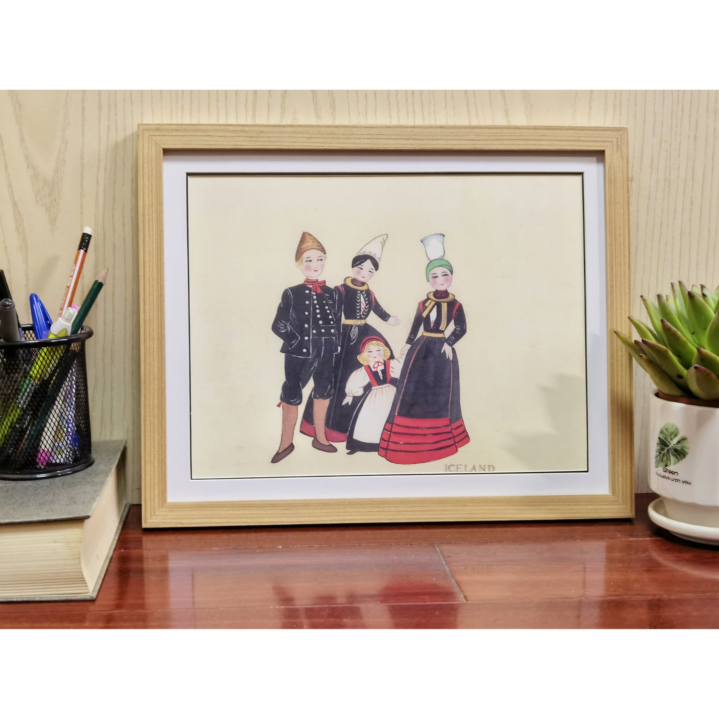 Hand-painted Icelandic Folk Art Print – Traditional Costumes, Natural Wood Frame, Premium MATT Paper, Multiple Sizes & Colors
