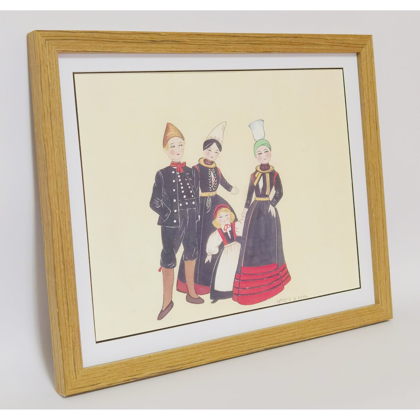 Hand-painted Icelandic Folk Art Print – Traditional Costumes, Natural Wood Frame, Premium MATT Paper, Multiple Sizes & Colors