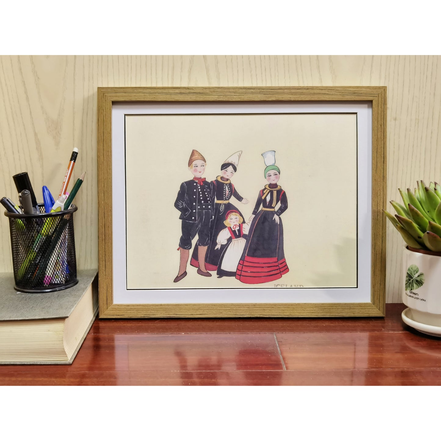 Hand-painted Icelandic Folk Art Print – Traditional Costumes, Natural Wood Frame, Premium MATT Paper, Multiple Sizes & Colors