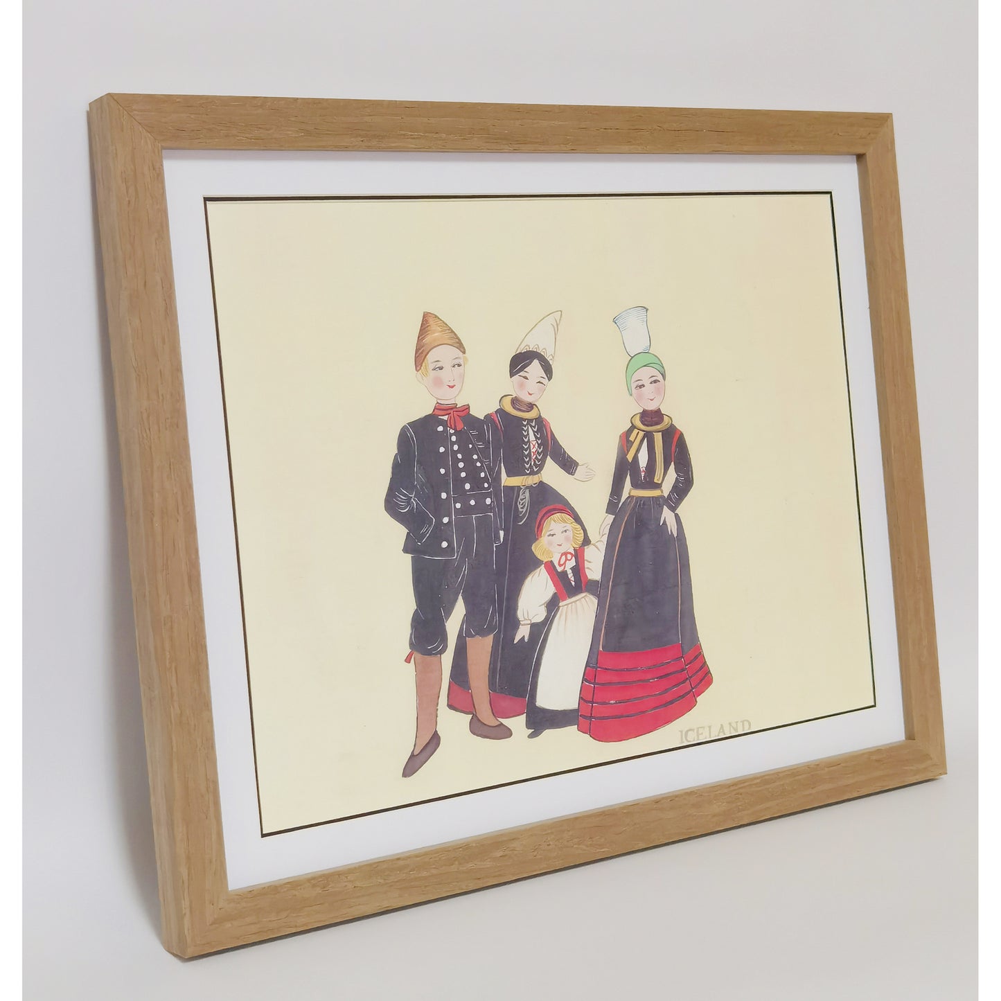 Hand-painted Icelandic Folk Art Print – Traditional Costumes, Natural Wood Frame, Premium MATT Paper, Multiple Sizes & Colors