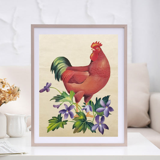 Rhode Island Grand Red Rooster State Bird Handmade Art Printing Rhode Island Violet with Wood Frame