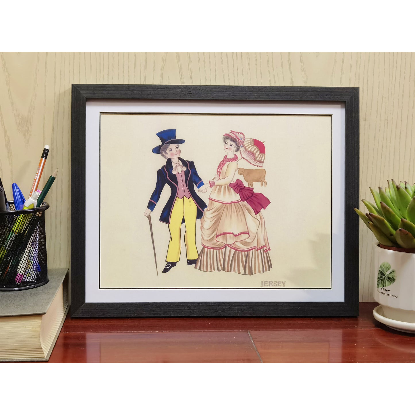 Hand-painted Jersey Traditional Folk Art Print – Ethnic Costume, Natural Wood Frame, Premium MATT Paper, Multiple Sizes & Colors