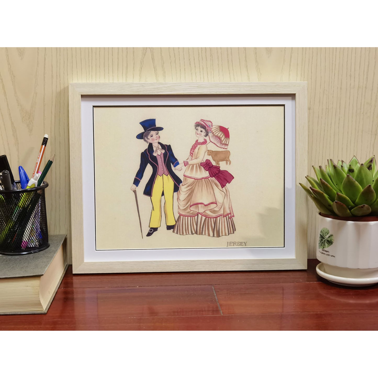 Hand-painted Jersey Traditional Folk Art Print – Ethnic Costume, Natural Wood Frame, Premium MATT Paper, Multiple Sizes & Colors