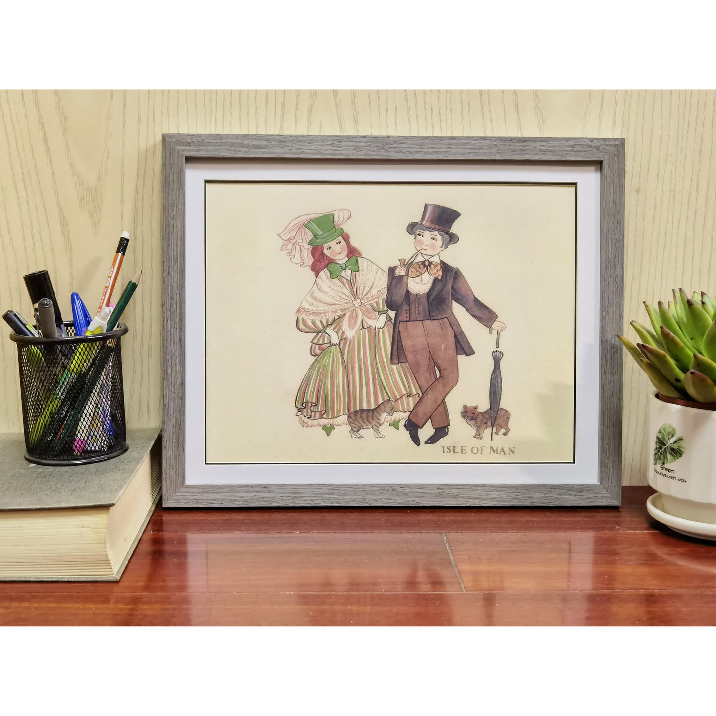 Hand-painted Isle of Man Folk Art Print – Traditional Costumes, Natural Wood Frame, Premium MATT Paper, Multiple Sizes & Colors