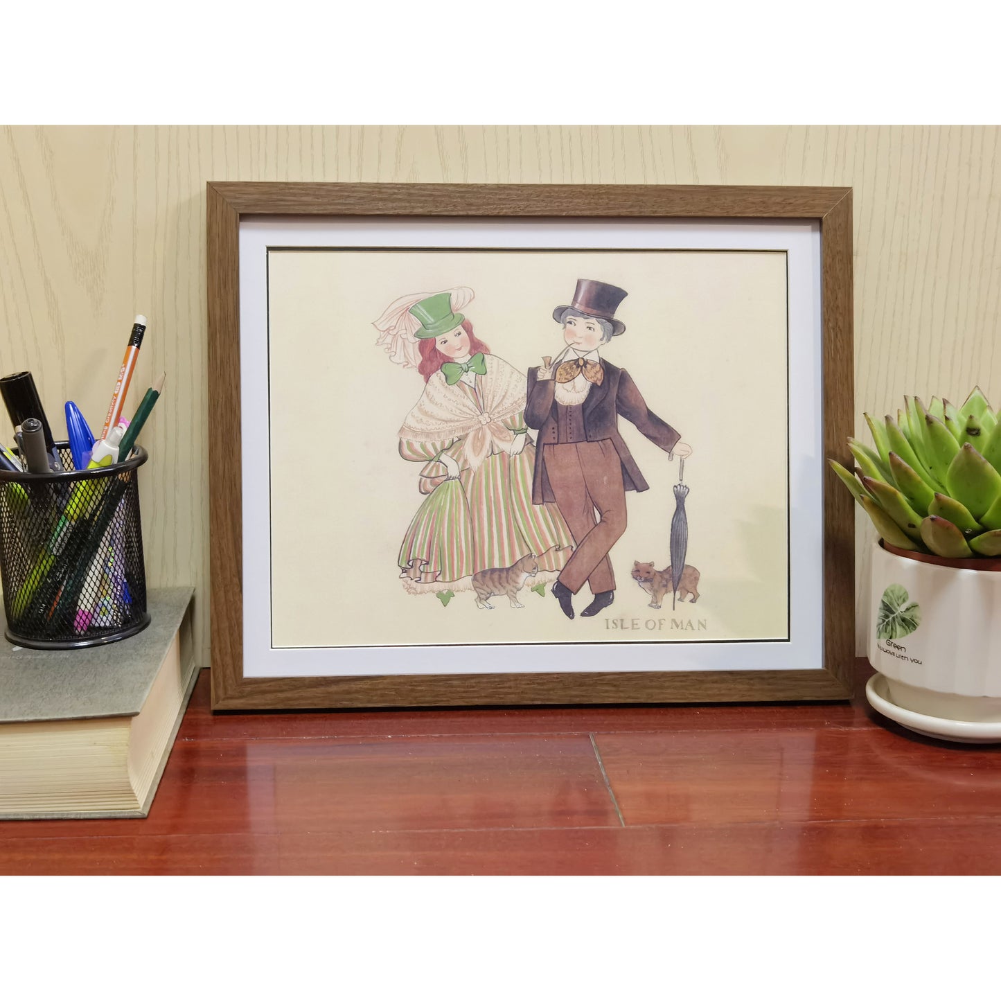 Hand-painted Isle of Man Folk Art Print – Traditional Costumes, Natural Wood Frame, Premium MATT Paper, Multiple Sizes & Colors