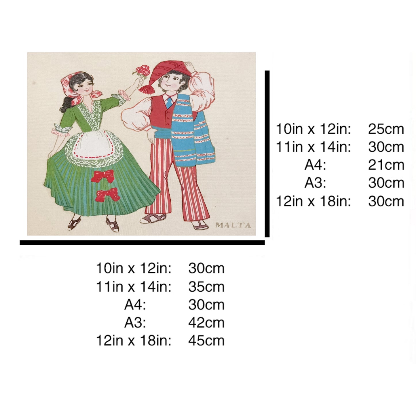 Hand-Painted Malta Traditional Folk Art Men & Women Costumes, Wood Framed, MATT Paper Print