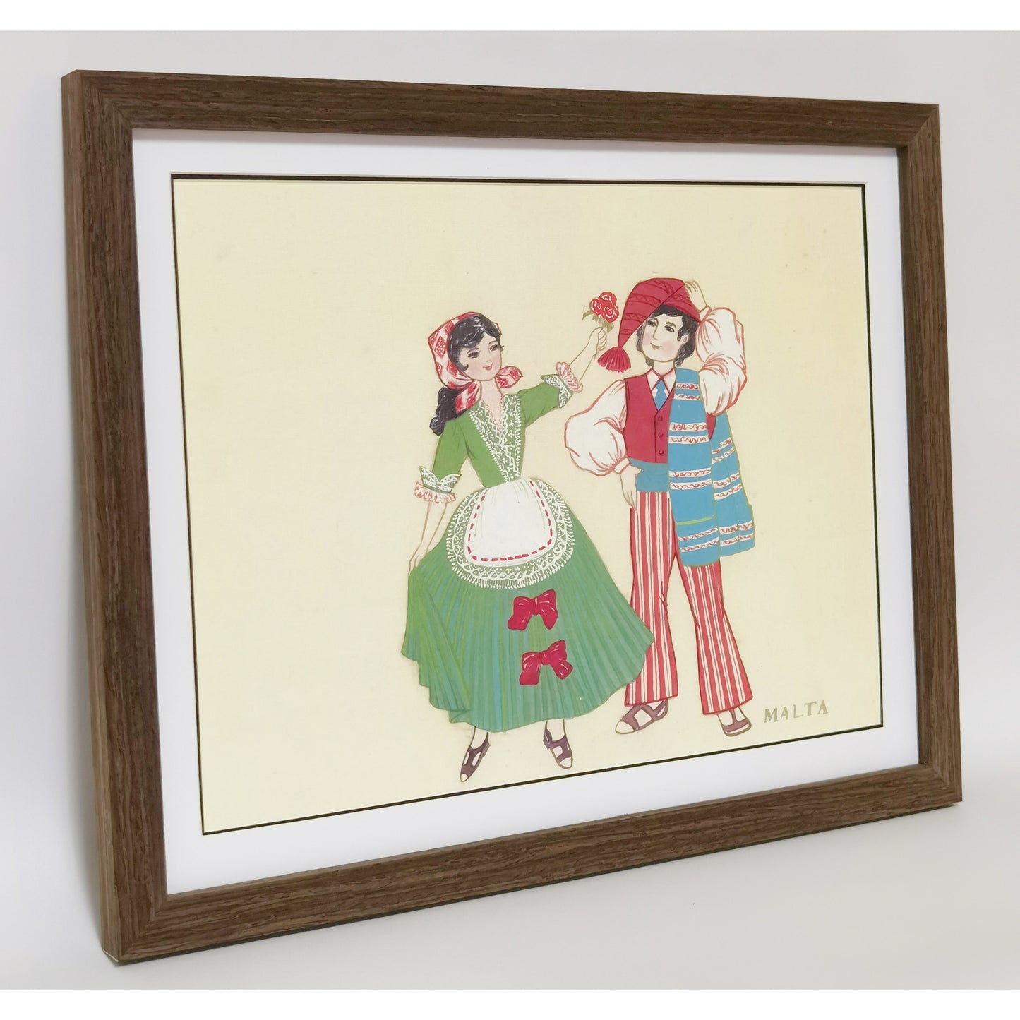Hand-Painted Malta Traditional Folk Art Men & Women Costumes, Wood Framed, MATT Paper Print