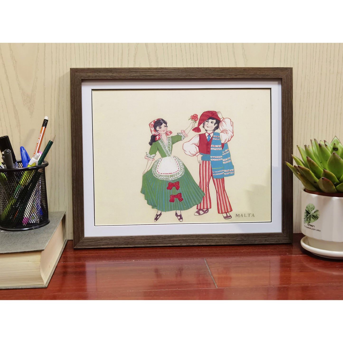 Hand-Painted Malta Traditional Folk Art Men & Women Costumes, Wood Framed, MATT Paper Print