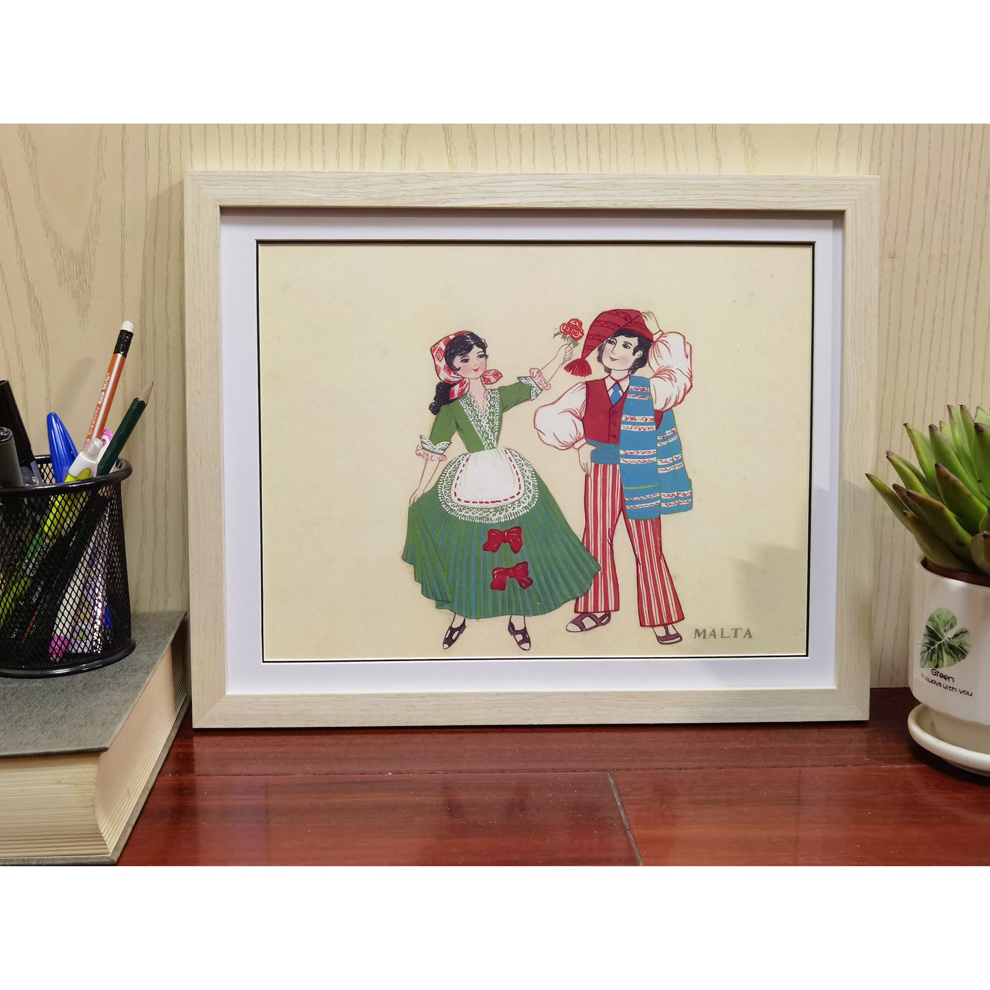 Hand-Painted Malta Traditional Folk Art Men & Women Costumes, Wood Framed, MATT Paper Print