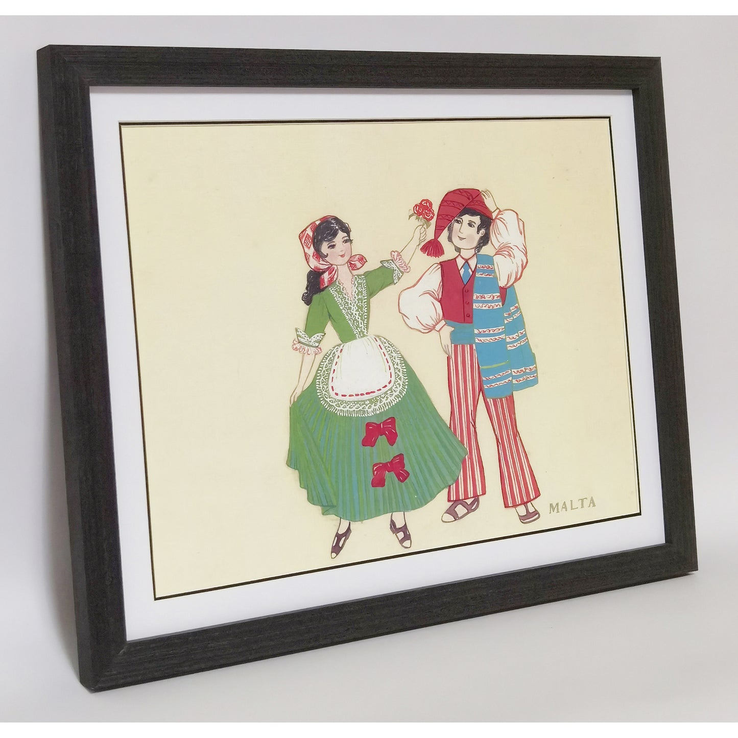 Hand-Painted Malta Traditional Folk Art Men & Women Costumes, Wood Framed, MATT Paper Print