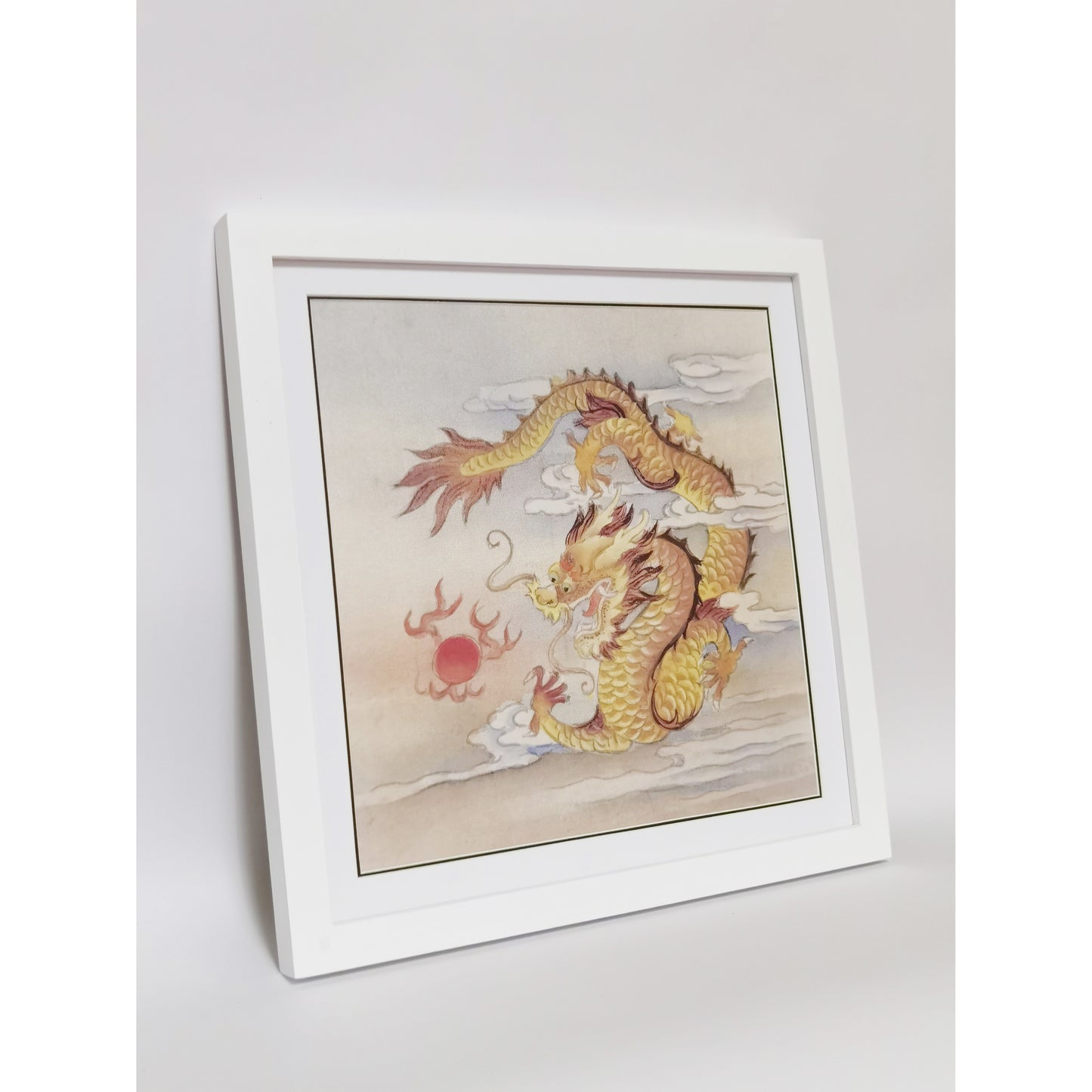 Hand-painted Golden Dragon Playing with Pearl Artwork – Fine Brush Technique, Premium MATT Paper, Natural Wood Frame, Multiple Sizes & Colors