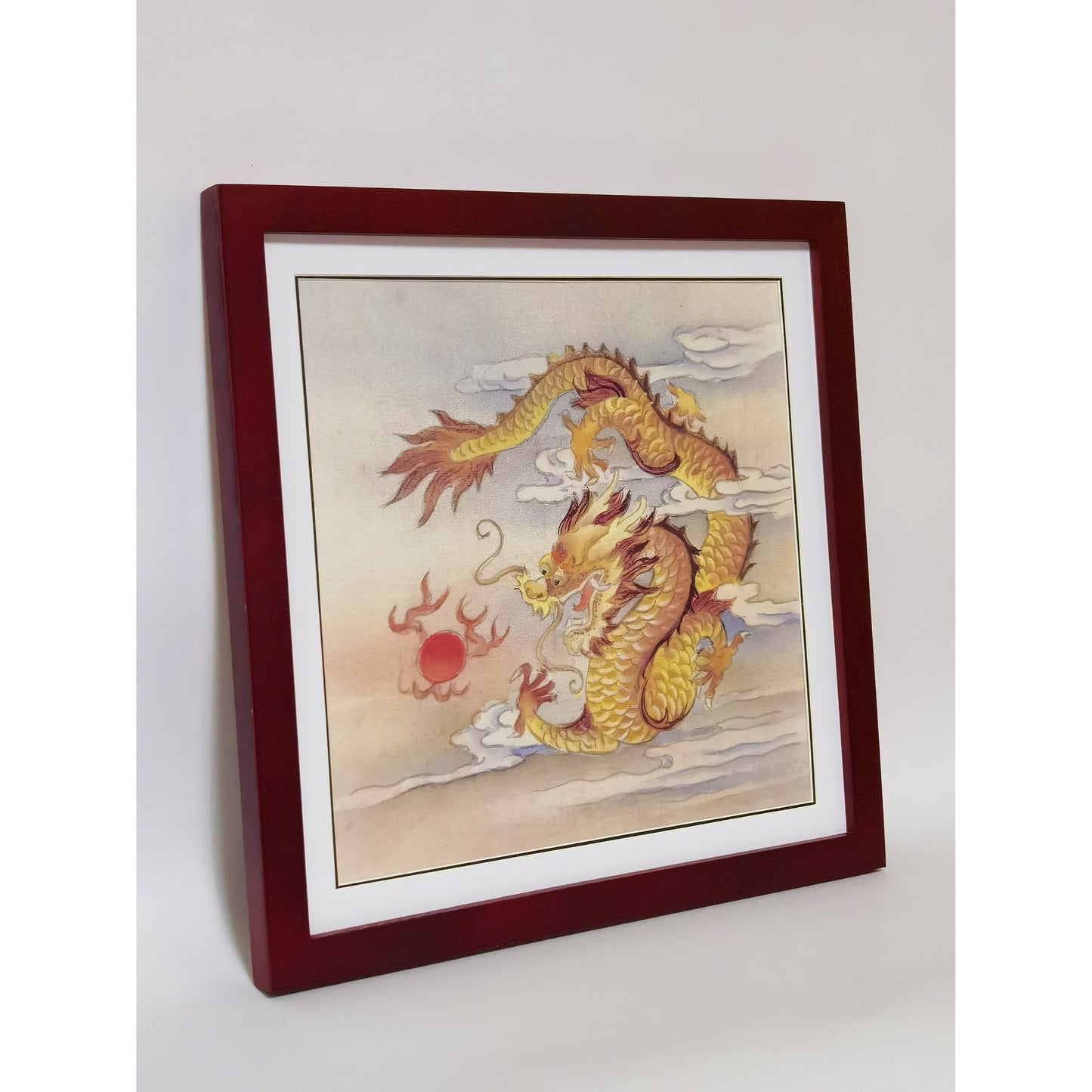 Hand-painted Golden Dragon Playing with Pearl Artwork – Fine Brush Technique, Premium MATT Paper, Natural Wood Frame, Multiple Sizes & Colors