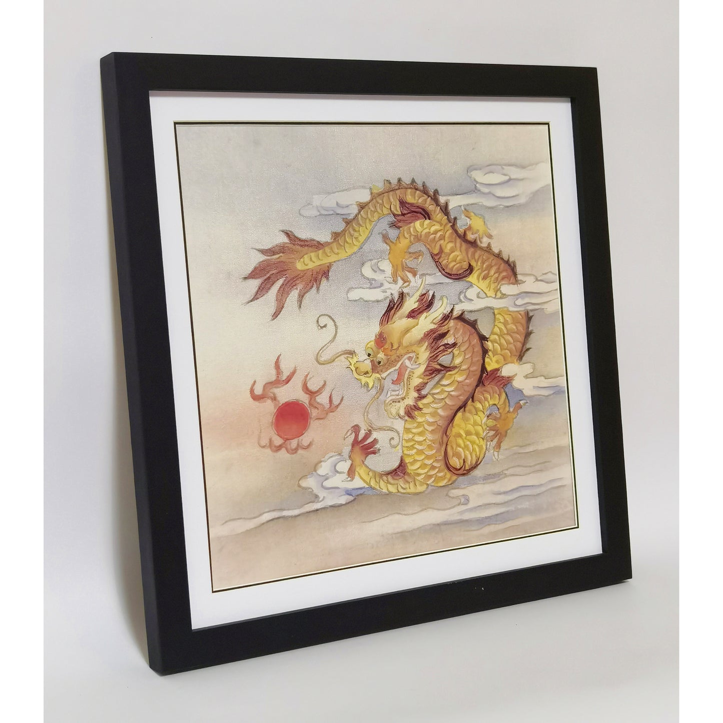 Hand-painted Golden Dragon Playing with Pearl Artwork – Fine Brush Technique, Premium MATT Paper, Natural Wood Frame, Multiple Sizes & Colors